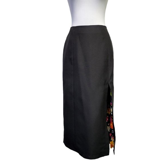 Vintage 60s 70s Jack Fin M/L Black Hi Waisted Maxi Skirt Slit Peekaboo Floral - Picture 1 of 10